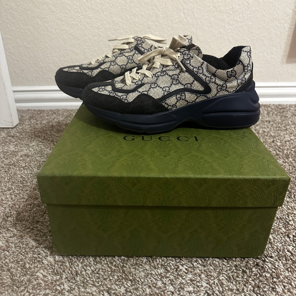 Gucci Beige and Black Monogram Sneakers 6.5